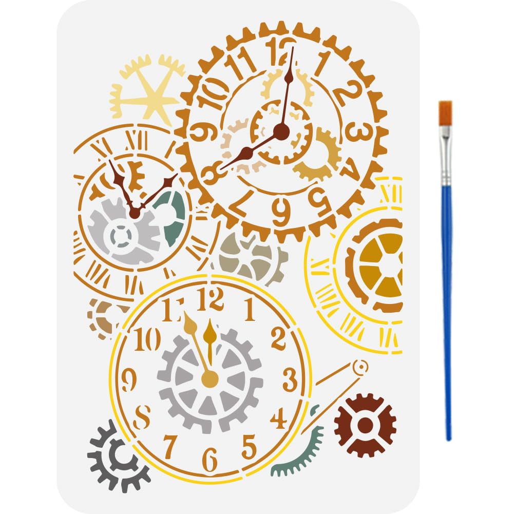FINGERINSPIRE Gear Clock Stencils with a Paint Brush 29.7x21cm Steampunk Gear Pattern Stencils Creative Clock Stencils Retro Gear Decoration Stencils Vintage Themes Steampunk Clock Template