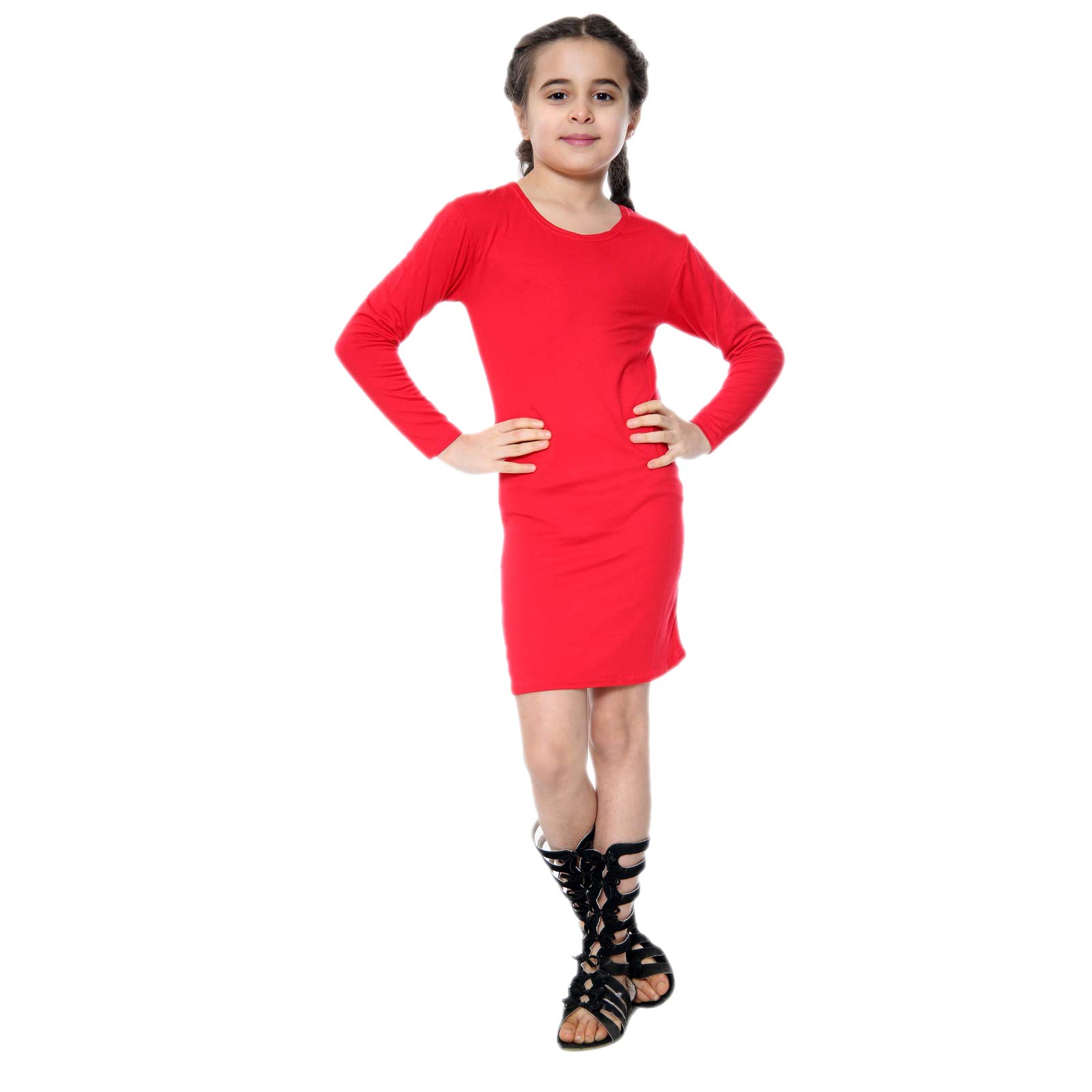 AelstoresGirls Bodycon Dress Midi Plain Long Dresses Stretch Round Neck Full Sleeve Outfit 5-14 Years