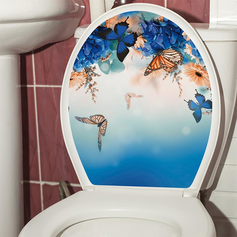 Butterfly Fantasy Flower Leaf Toilet Cover Sticker Decals,Srping Flower Leaf Waterproof Toilet Lid Tank Seat Decals Cistern Self-Adhesive Bathroom Wall Sticker