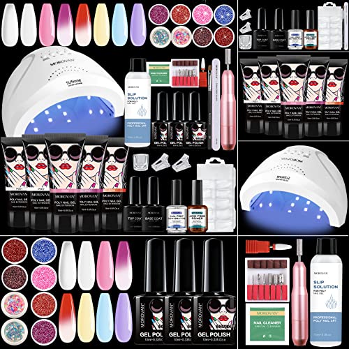 Morovan Poly Gel Nail Kit with Nail Drill and 48W LED Nail Lamp 8 Pcs Nail Extension Gel and Gel Nail Polish Kit with Slip Solution Nail Primer for Beginners Nail Art Supplies Full Poly Nail Gel Kit