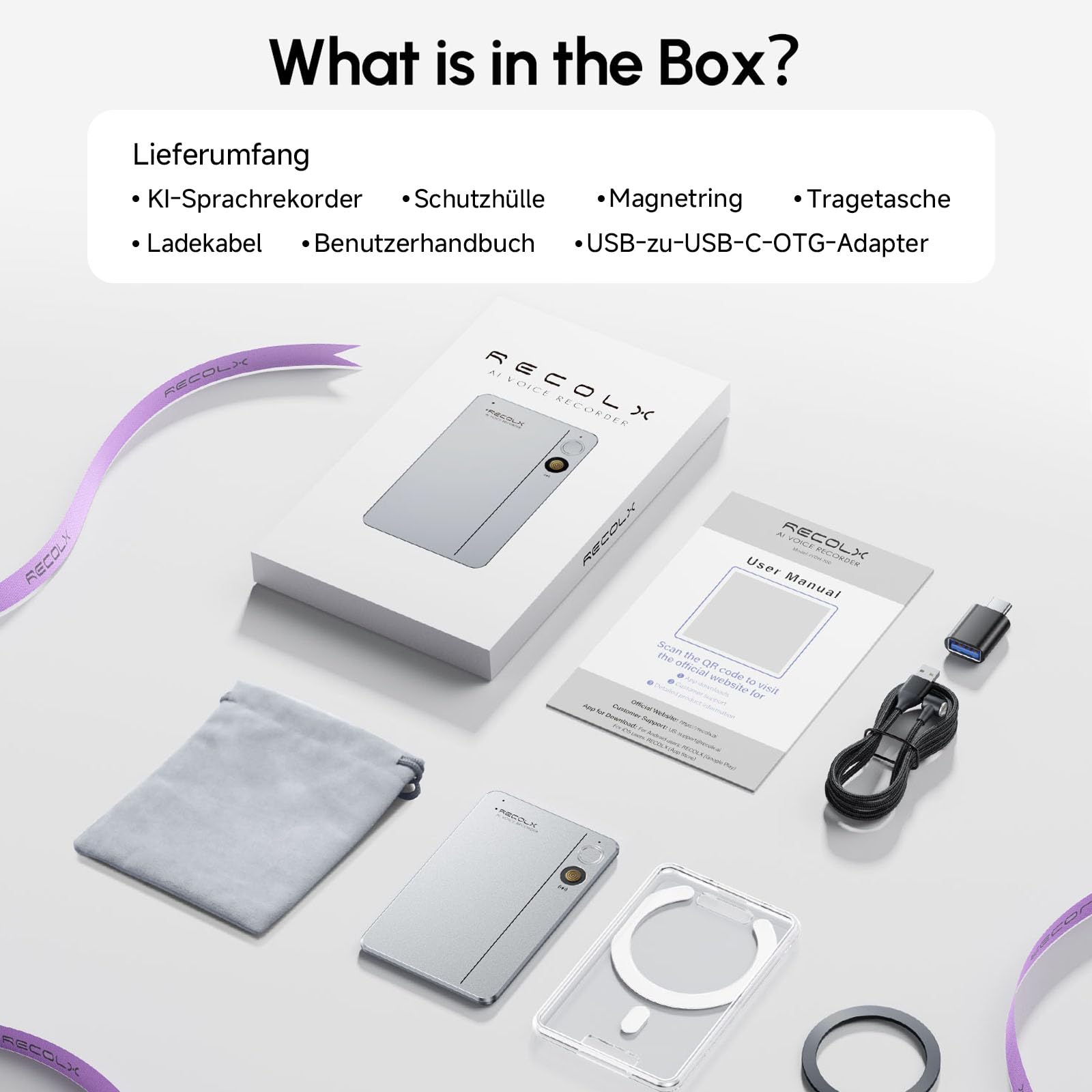 KI Diktiergerät mit Hülle – 64 GB, anskription & Zusammenfassung mit 71 Vorlagen, KI-Analyse, 112 Sprachen, für Meetings & Vorträge