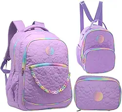 Kit 3 Peças Mochila De Costas Estampa Coração Com Estojo Lancheira Tipo Mochila Feminina Escolar Juvenil 18”