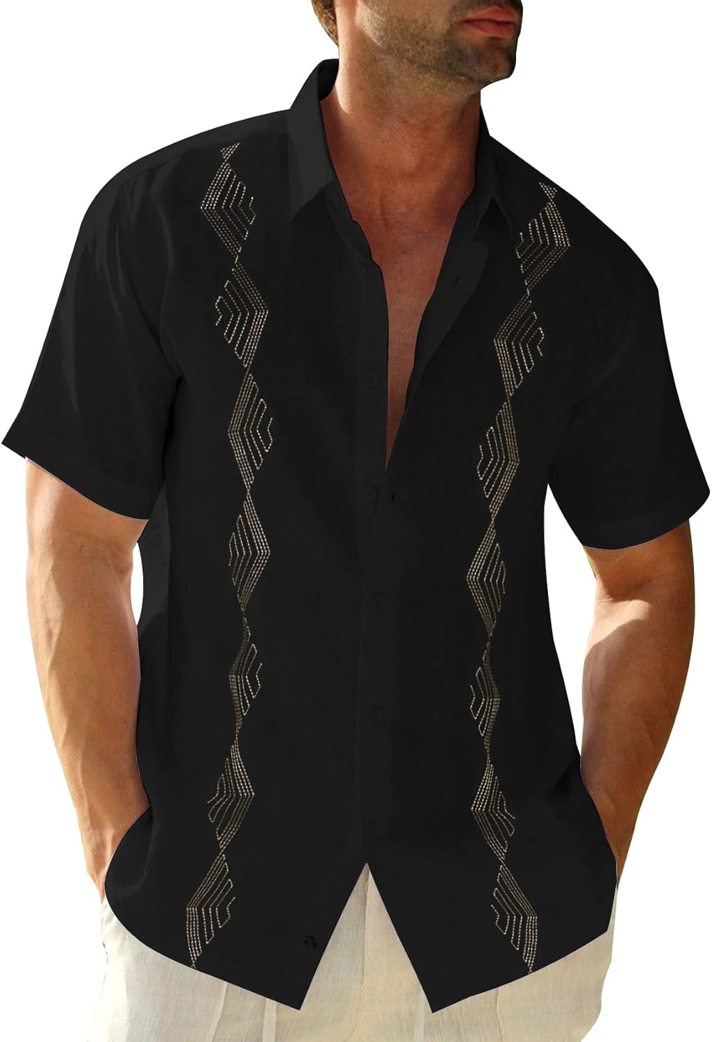 Makkrom Men Cuban Guayabera Shirts Linen Short Sleeve Button Down Cotton Mexican Beach Wedding Shirt