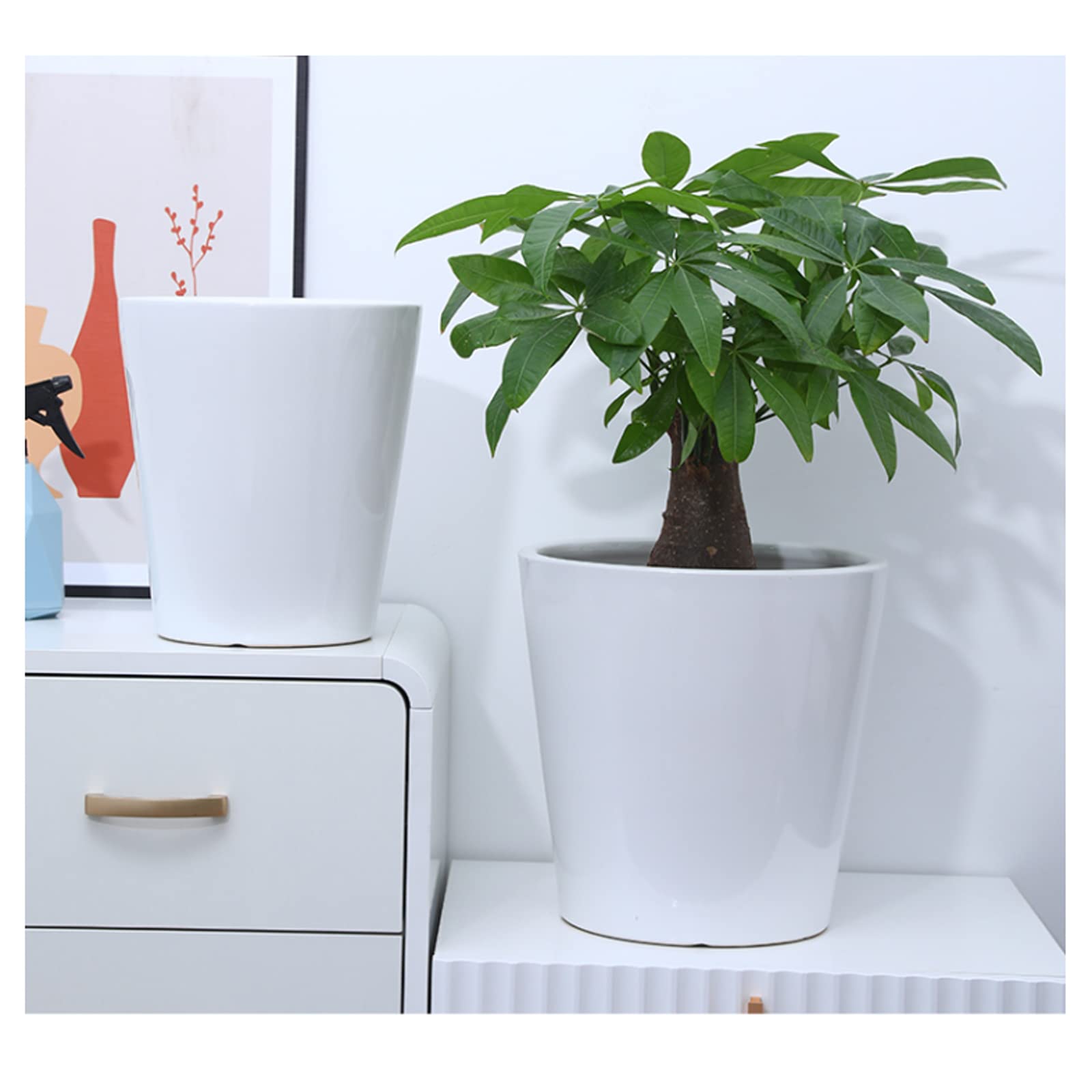 Vasi da Giardino Vasi da Fiori Rotondi con Foro di drenaggio e Vassoio in plastica, vasi da Giardinaggio Moderni per vasi da Fiori per Interni ed Esterni, Bianco