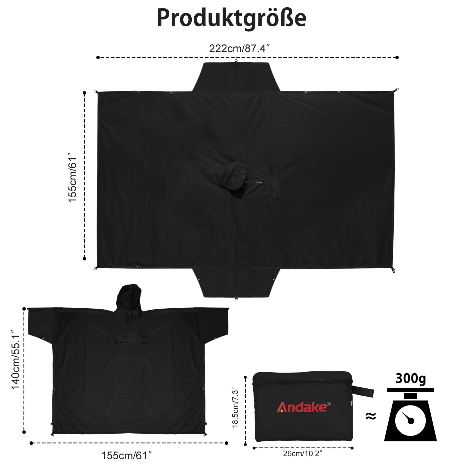 Andake 3-in-1 Regenponcho, Wasserdichter Regenponcho unisex, Wiederverwendbar, Leicht & Tragbar, Ideal für Camping, Wandern & Angeln im Freien