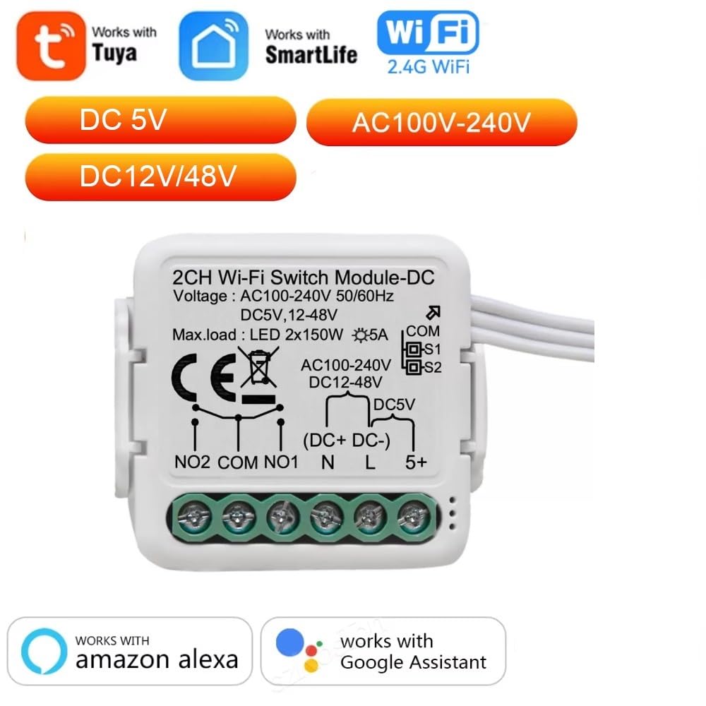 Module de relais WiFi intelligent à 2 canaux DC 5V 24V 32V AC100-240V, compatible avec l'application Tuya Smart Life, module de commutation à contact sec, fonctionne avec Alexa, Google Home