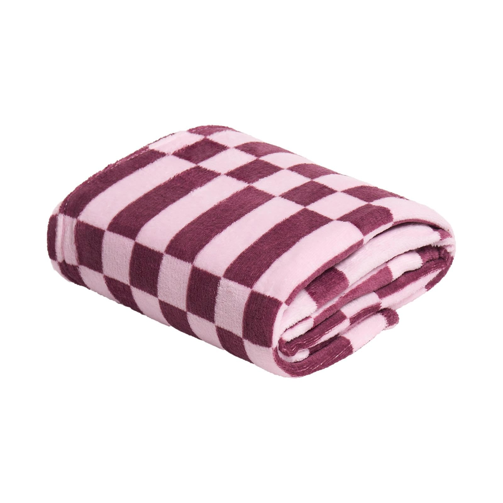 OHS Throw Blanket for Bed Sofas Check Print, Gifts for Women Super Soft Warm Cosy Fleece Blanket Decorative Throw Over Settee Lightweight Comfy Single Bed Throws, Pink/Burgundy - 125 x 150cm