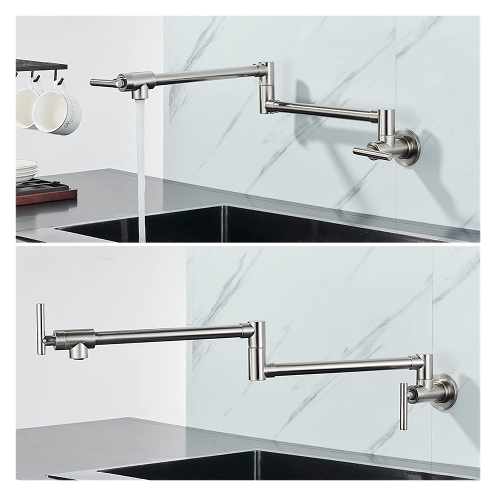 Rubinetto Fissato Al Muro, Pot Filler Doppio giunto Beccuccio Pieghevole Estensibile Braccio oscillante Parete Rubinetto da cucina in ottone Foro singolo Rubinetto for lavello da cucina a due maniglie
