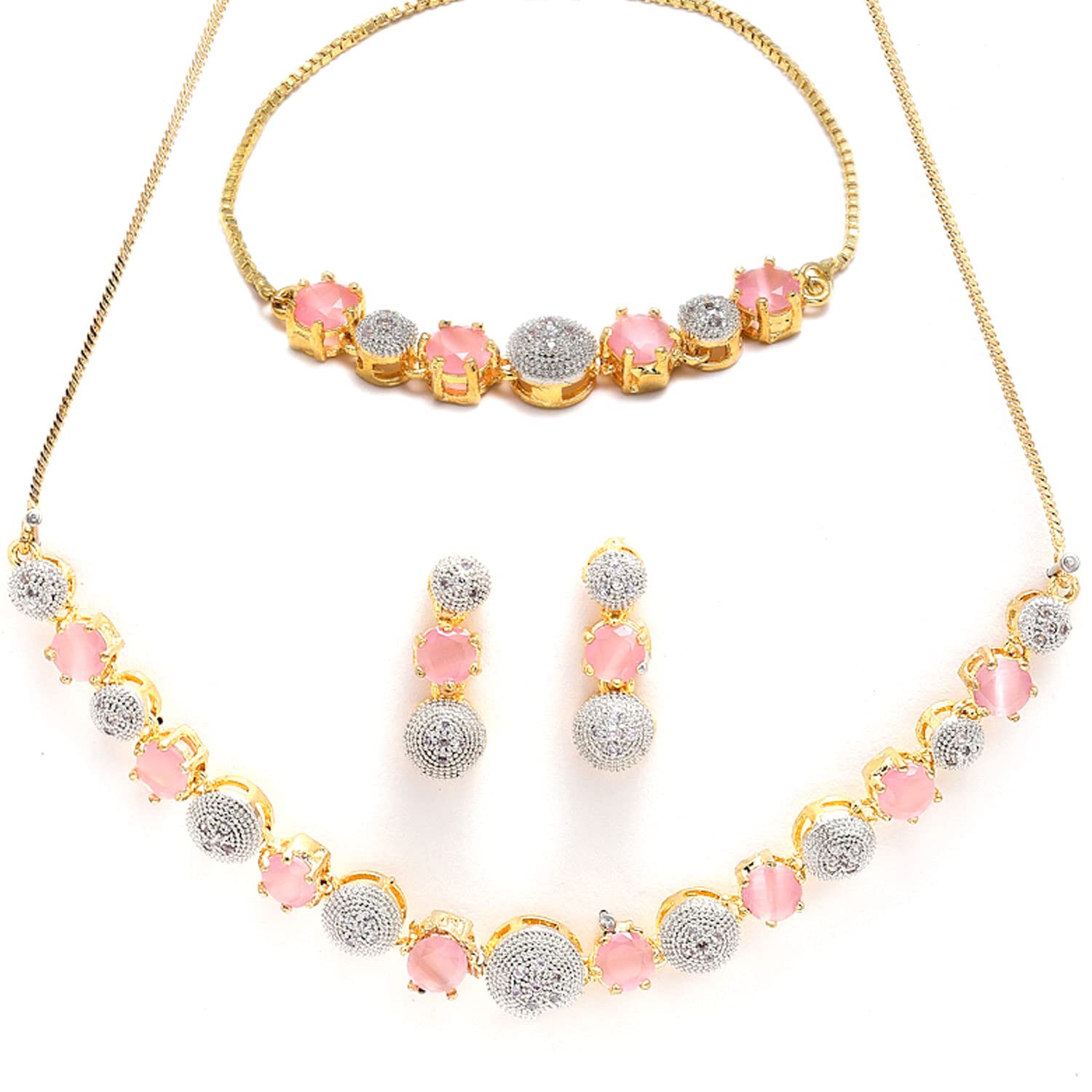 ZENEME Gold Plated Red & White American Diamond Studded Necklace With Earring Bracelet and Ring Combo Jewellery Set For Woment and Girl (Pink) (B0B5V3SFN4) Amazon Price History, Amazon Price Tracker
