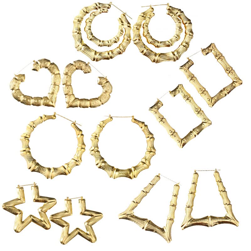 6 Pairs Large Bamboo Shaped Hoop Earrings Set Gold Tone Statement Hip-Hop Earrings for Women Jewelry2