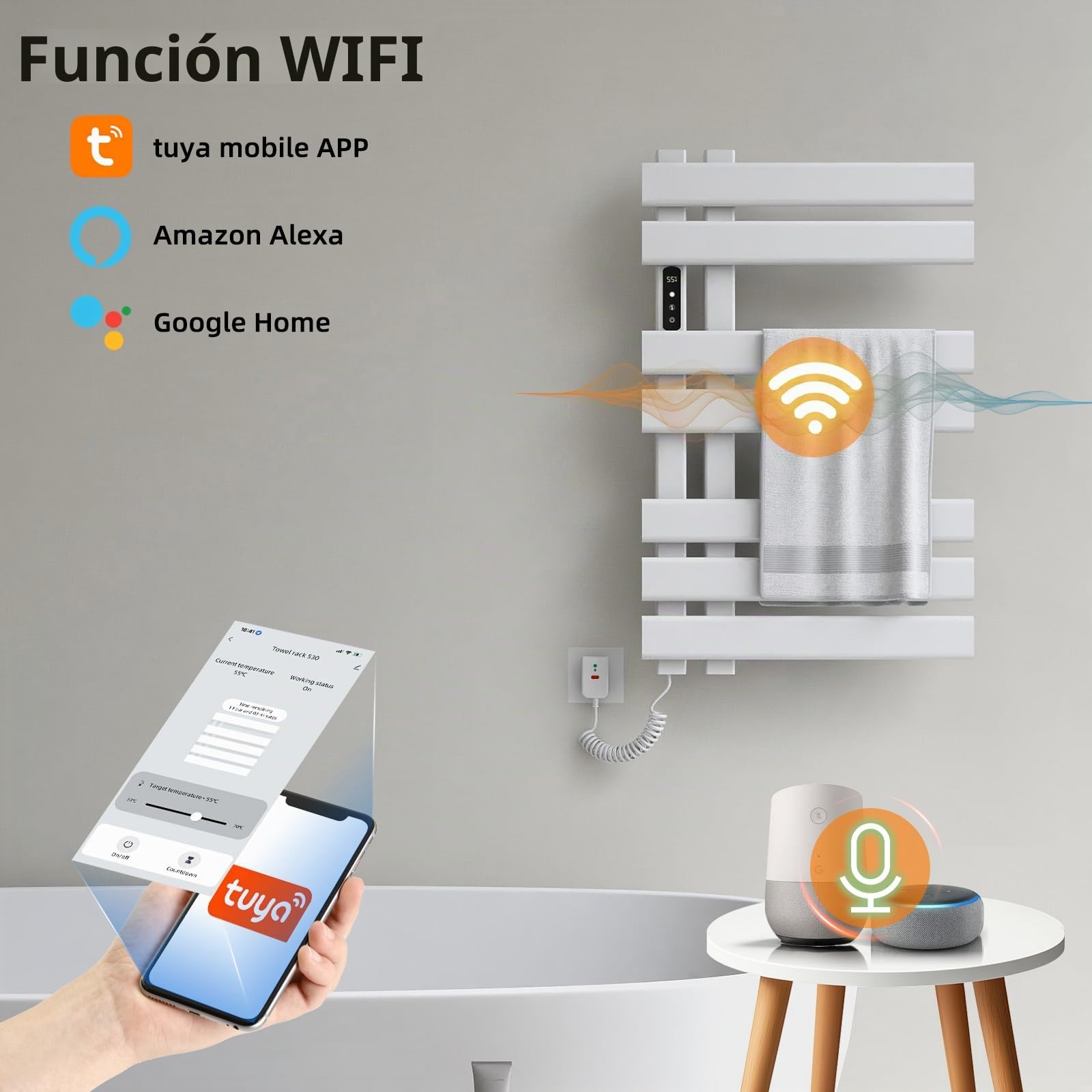 Toallero Baño Radiador, Calentador de Toallas con termostato Inteligente WiFi, para Alexa y Google Home y App, 450x720 mm, Toallero Electrico, Radiador Secador de Toallas-WiFi White Left