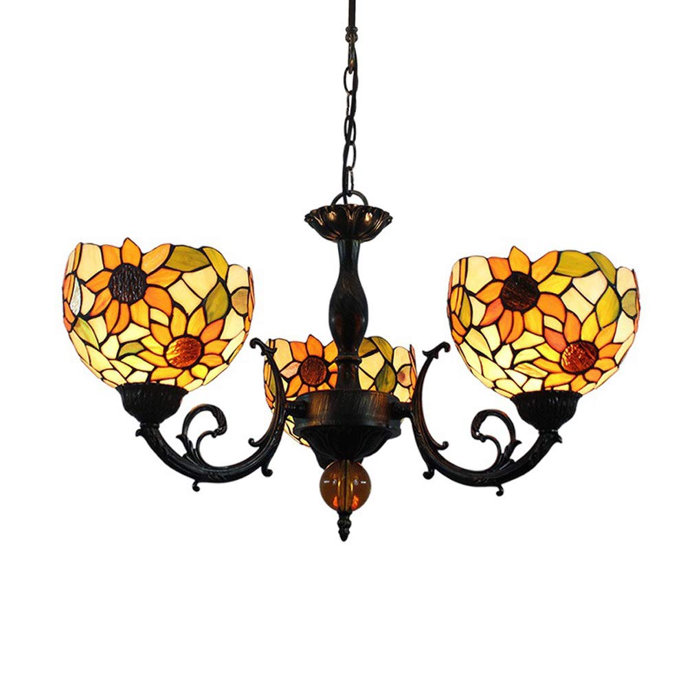YNIYUJKL Retro Creative Pastoral Sun Flower Chandelier, Tiffany-Style 8-Inch Stained Glass 3-Arm Pendant Light Ceiling Lamps Lighting For Kitchen, Coffee Bar