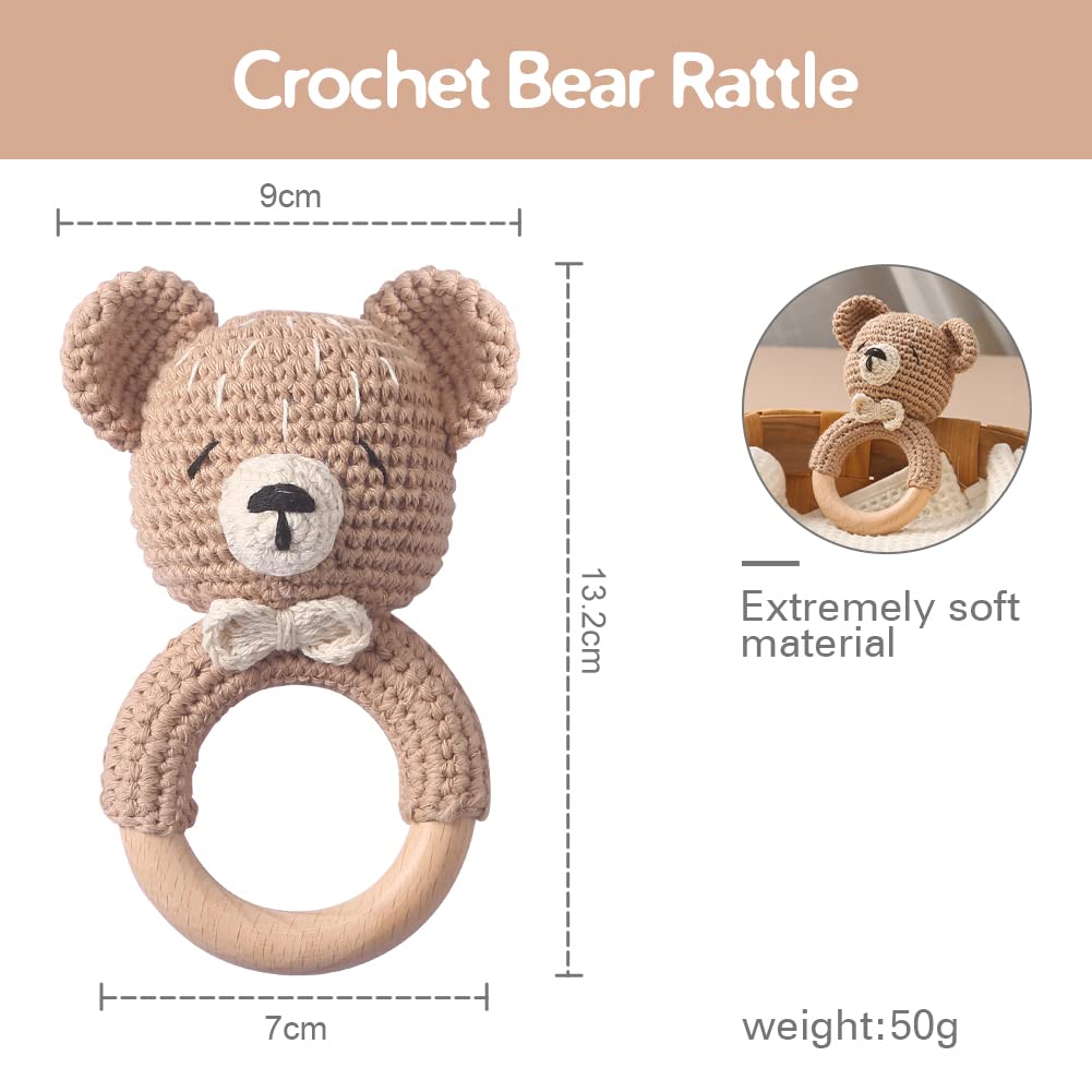 Youuys Baby Rattle Wooden Crochet Animals Grasping Toy Baby Wooden Rattle Baby with Sound Handmade Rattle for Newborn Baby Gift Boy and Girl Gift for Birth(Bear) - Image 2