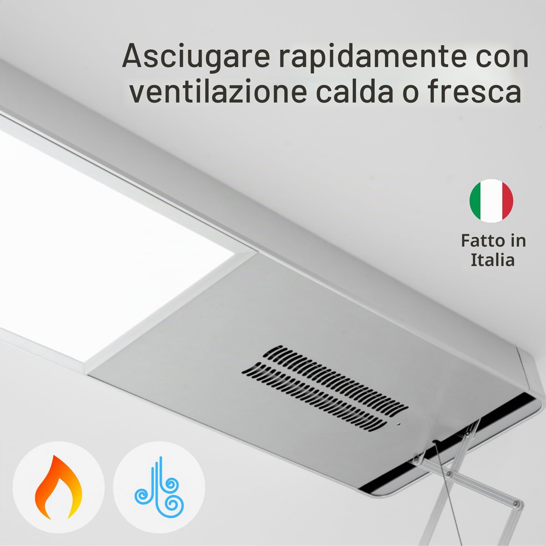 foxydry Pro, stendibiancheria da soffitto elettrico, con aria calda, 122 cm | salvaspazio, in alluminio, telecomandato, motorizzato, per lenzuola, luce LED, sostiene 35 kg, grigio