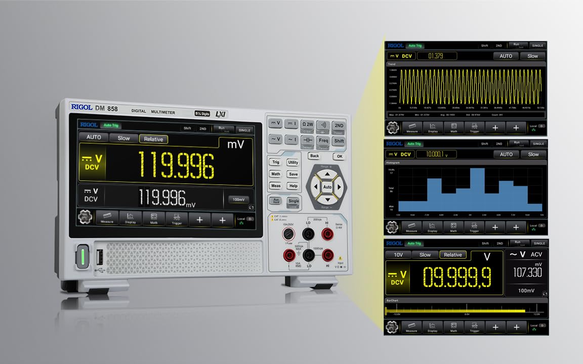 RIGOL DM858E Multímetro digital portátil, TRMS de 5½ bits, precisión DCV del 0,06%, velocidad de lectura de 80 lecturas/s, pantalla táctil a color de 7 pulgadas