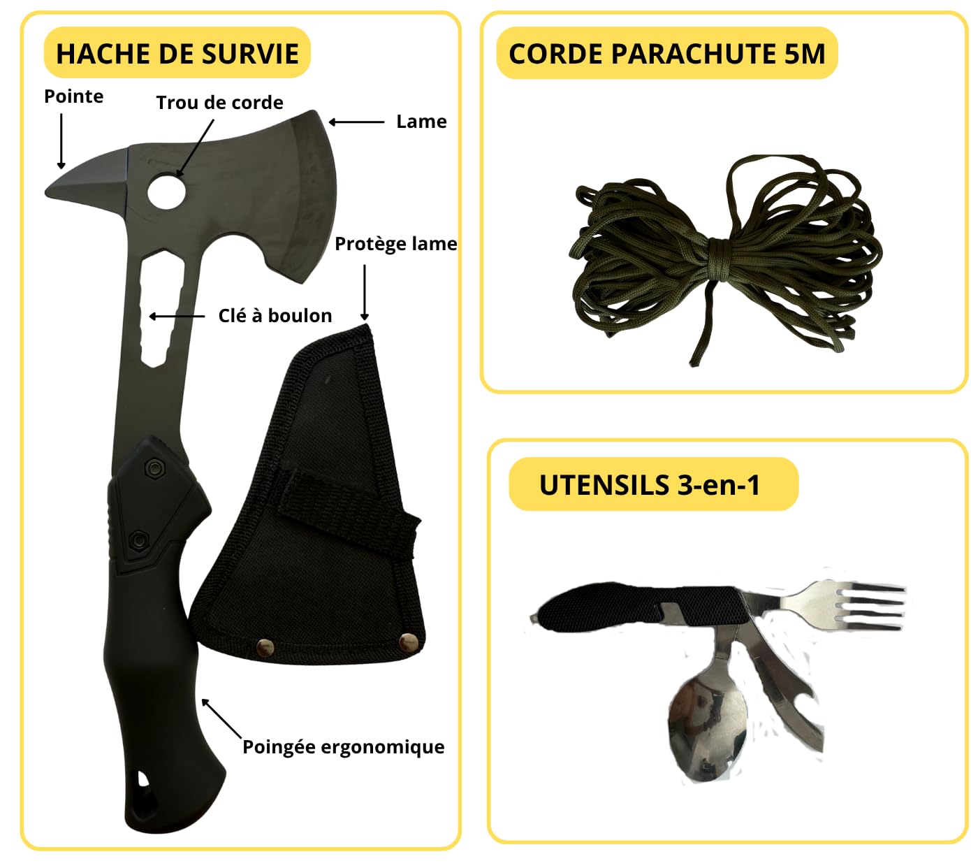 Safe&Ready Kit de Survie avec Hache, Couteau Pliant, Lampe Dynamo, Trousse de Secours, Abri, Poncho, Allume-feu, Scie Câble pour Outdoor, Randonnée, Urgence, Bushcraft