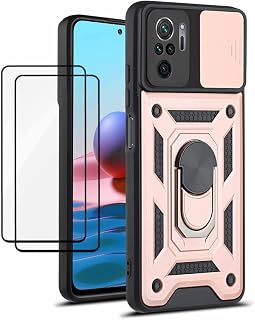 Capa Xiaomi Redmi Note 10S Case (2 pedaços de filme temperado Protetora) de Câmera Proteção de Tela Metal KickStand (Rose)