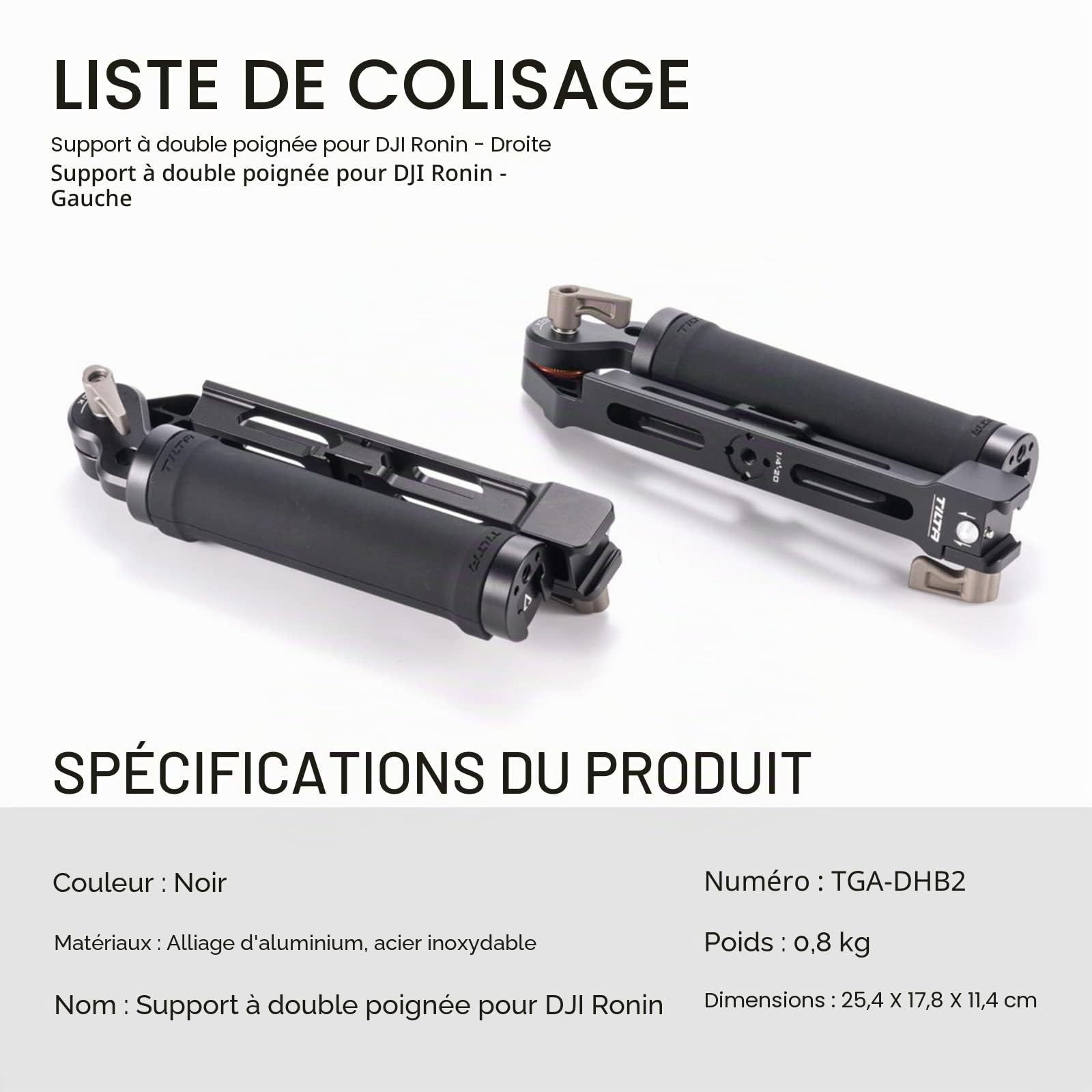 Tilta Support de Poignée Double Compatible avec DJI RS5/RS4 Pro/RS4/RS3 Pro/RS3/RS2/RSC2 Gimbal, Poignée Ajustable avec Points de Fixation 1/4"-20 Cold Shoe TGA-DHB2