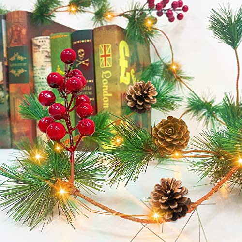 [ Timer ] 10 Ft Prelit Christmas Garland 30 Lights Pine Needles Red Berries Pinecones Battery Operated Artificial Greenery Garland Holiday Mantel Fireplace Christmas Decoration Home Indoor(Warm White) #TOP5