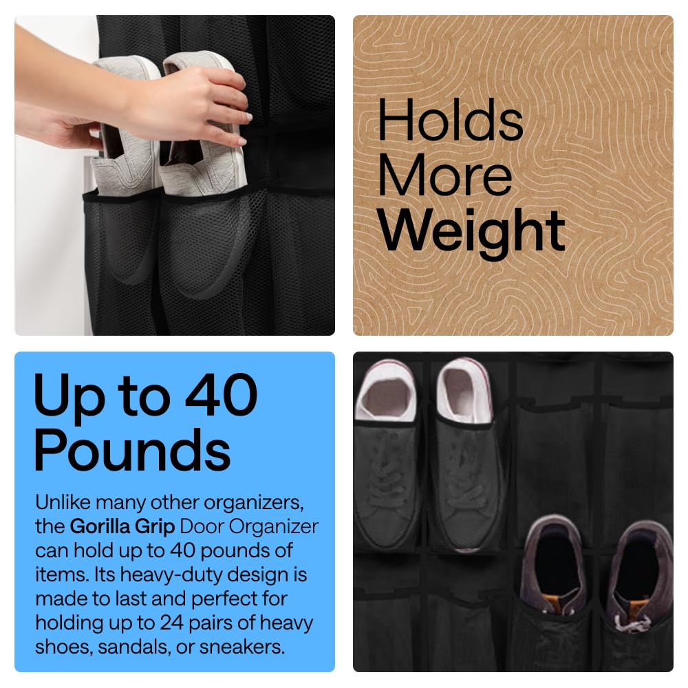 GORILLA GRIP Over the Door Shoe Organizer, 24 Large Breathable Mesh Pockets, Space Saving Hanging Storage Holder, Closet Rack Hanger Holds Up to 40 lbs, Hangs on Closets for Shoes, Accessories, Black - 4