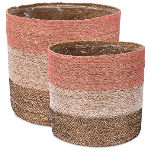 Decorasian Seegras Übertopf – Blumentopf geflochten – dekorativer Planzenkorb mit Folieneinsatz im Boho Stil – Pink-Weiß-Schwarz - Set 35cm + 30cm