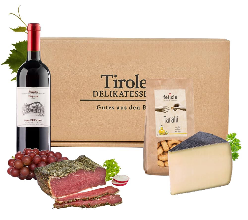 Almgourmet - Geschenkset "Weinfreund" - 850g + 0,75l - mit 4 Delikatessen aus Tirol - Lagrein Rotwein, Schinken, Käse und Taralli - im Geschenkkarton