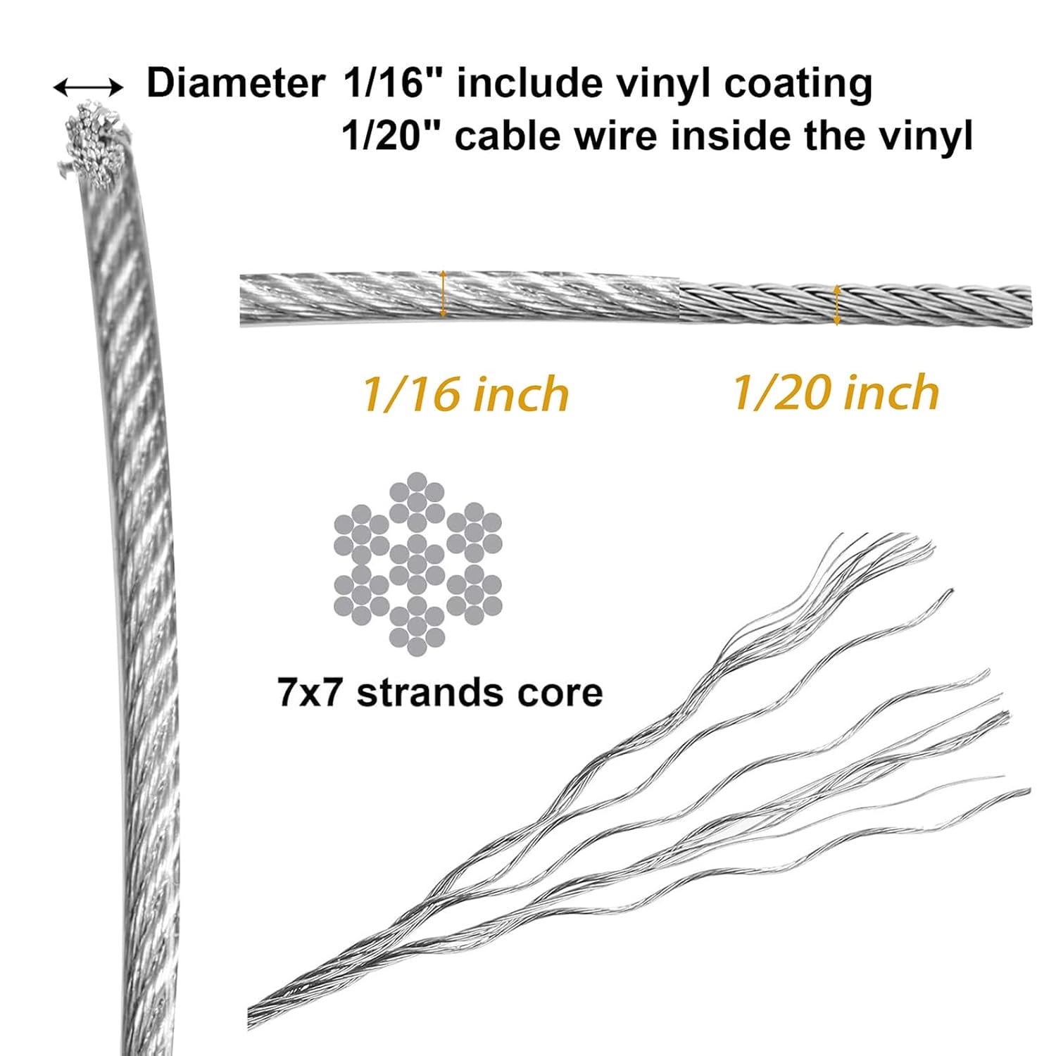 Yarlung 1/16 Inch x 500 Feet Wire Rope Cable, Stainless Steel Braided Wire Stranded Rope Vinyl Coated Aircraft Cable for Outdoor Clothesline, Trellis, String Lights, 7x7 Strands Core