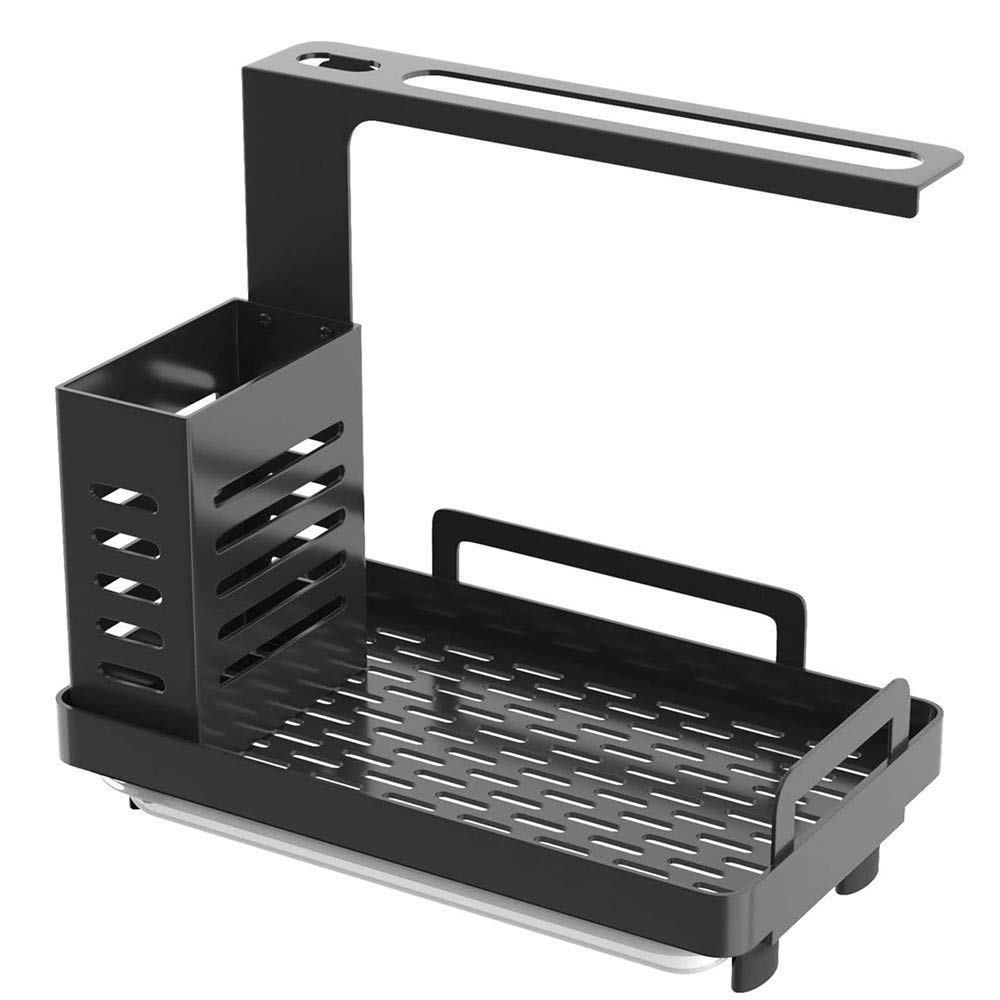 U-HOOME Kitchen Sink Organiser, Sink Caddy Rack, Sponge Holder Soap Brushes Dispenser Holder with Rag Rack Suction Cups Dishcloth with Drain Pan Countertop Wall Mounted Kitchenware