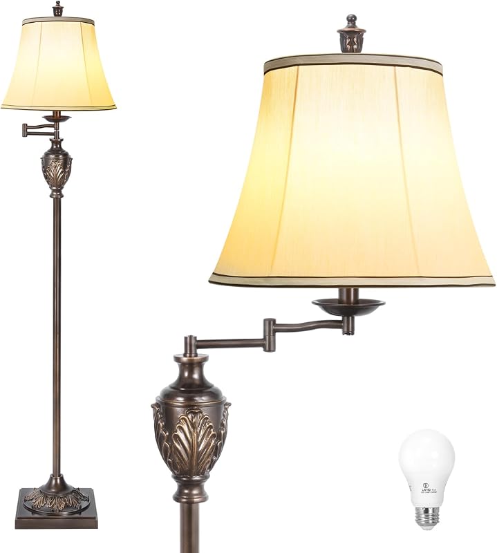 Lámpara de pie LED tradicional con brazo oscilante ajustable de 350° – Lámpara de pie vintage para salón, dormitorio y oficina – Luz de suelo vertical rústica para decoración del hogar con pantalla de tela de seda sintética