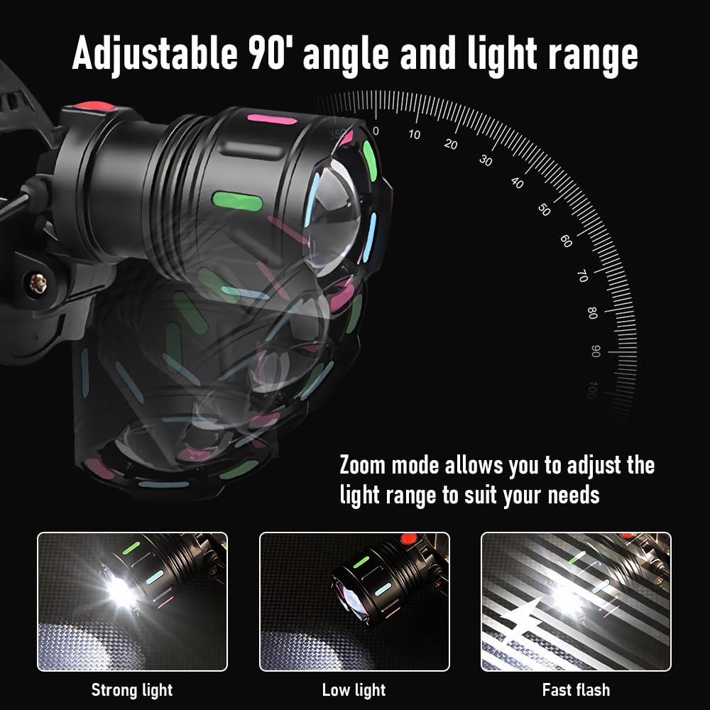 LED Rechargeable Headlamp, 90°Angle Head Lights for Forehead, Adjustable Focus LED Headlamp, 990000 Lumens Super Bright LED Head Lamp with 4 Modes, Waterproof LED Headlamp for Camping, Hiking,Climbing