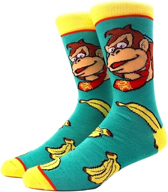 EZB Retro Video Game Character Donkey Kong Crew Socks | Gift Idea for Men & Women | Size 4-9 | Chimp with Bananas