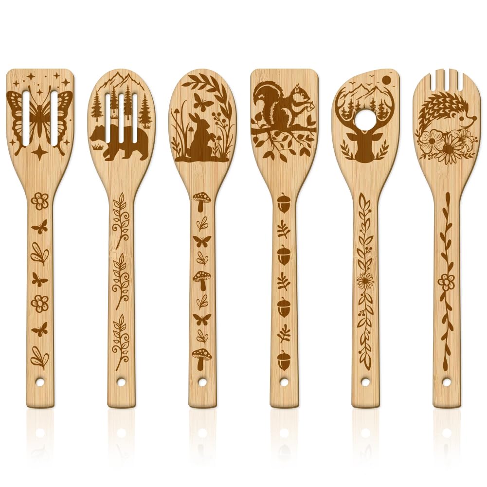 GLOBLELAND6Pcs Forest Animals Bamboo Cooking Utensils Wooden Engraved Cooking Spoons Set Carving Kitchen Bamboo Spatula Set Wood Cooking Spoon for Kitchen Fun House Warming Gift