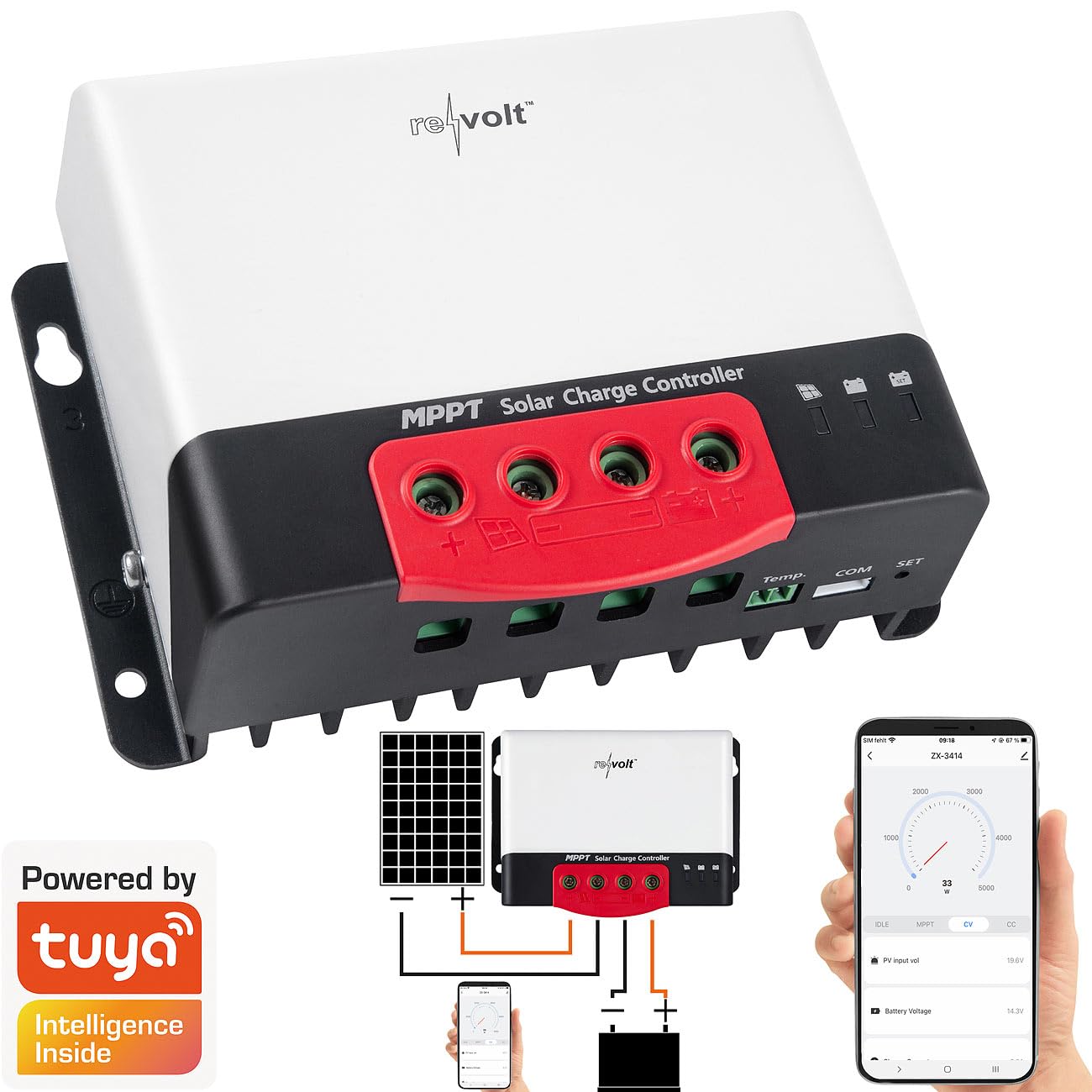 revolt Regolatore di carica solare MPPT 12/24 V, 20 A, Bluetooth e app