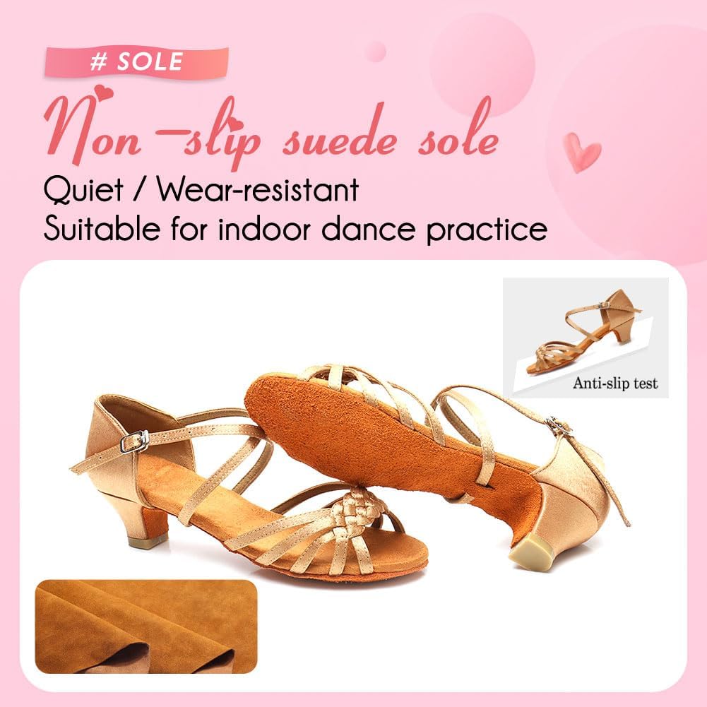 YKXLM Girls Latin Dance Shoes Kids Low Heels Tango Salsa Ballroom Practice Dance Shoes, 1208,Beige, 6 M Little Kid