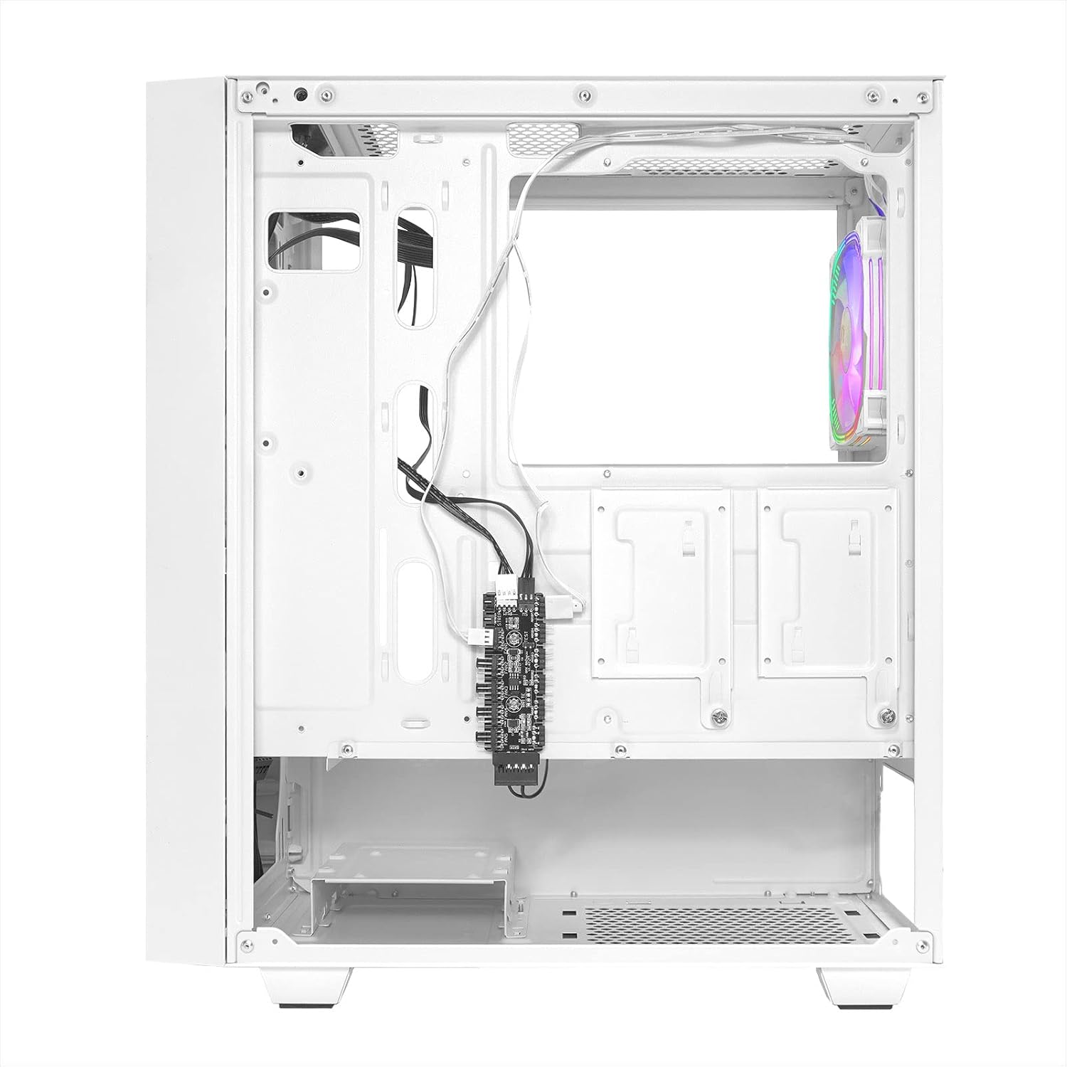 Rear interior view of the Noua Diamond C112 PC case, showing cable management space and fan hub.