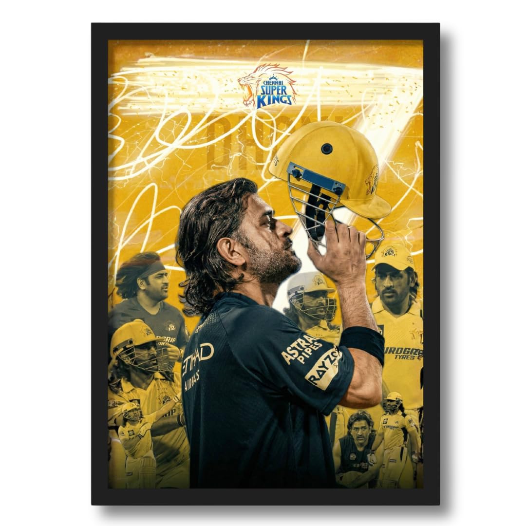 ArtAction MS Dhoni CSK Wall Frame | Iconic Captain Cool Cricket Poster for Living Room, Office & Study Room | A4 Size | Framed MSD Artwork | Gifting Decor for Cricket Fans & Thala Followers