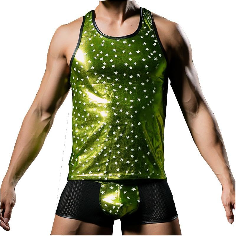 nivaa Men's Sexy Underwear Stars Vest Tops Green XL-picture-43