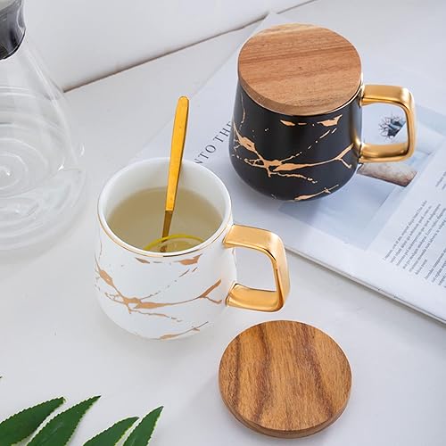 Miniatura 5 de LUCCK Taza de café de cerámica con tapa de madera, taza de té de 14.5 onzas, taza de té de lujo con incrustaciones doradas de mármol, taza de