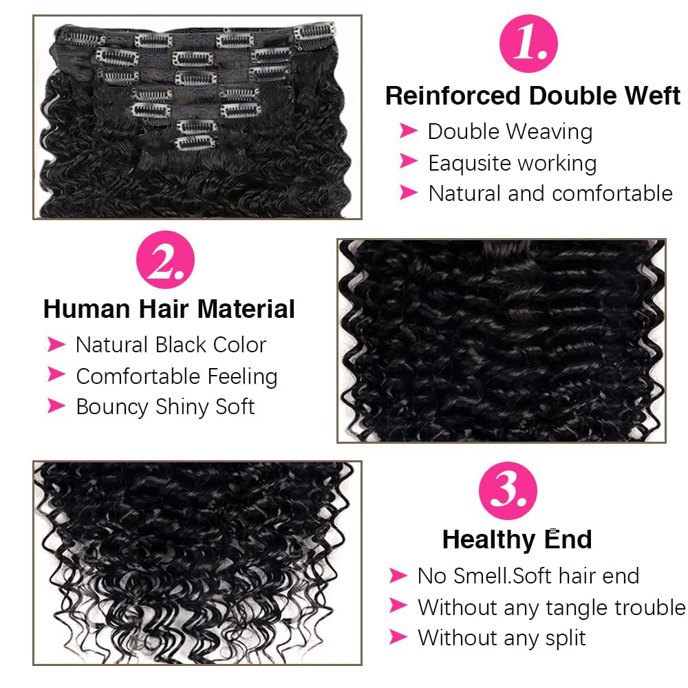 Deep Wave Clip in Hair Extensions Brasilien Echthaar Unprocessed Brazilian Virgin Hair Weave #1B Natural Black 7 Pieces 120g With 16 Clips Per Set für Frauen 28 Inch