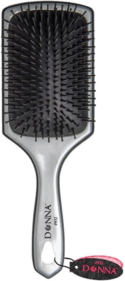 Donna Collection Large Metallic Silver Paddle Hair Brush, Black
