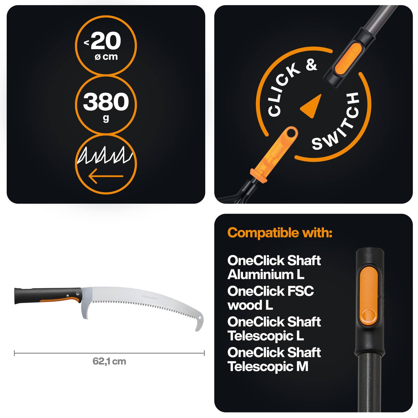 Fiskars OneClick Scie à Branches Courbe, Changement Facile en Un Seul Clic | Idéal pour Branches Hautes avec Manche Télescopique, Longueur:62,1cm, Noir/Orange, 1080690