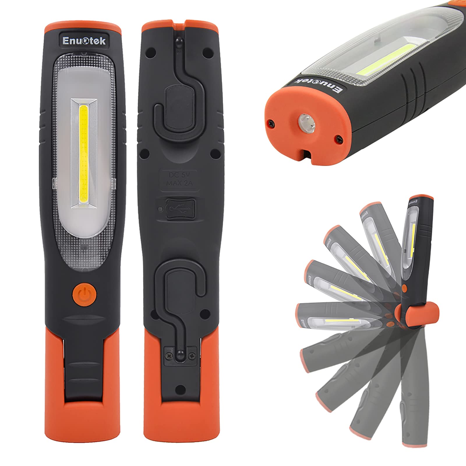 Rechargeable COB LED Work Light, ENUOTEK Magnetic Portable LED Work Lamp with Hanging Hook, 4W 450 Lumen Handheld Light, Dimmable Cordless Folding Flashlight for Workshop, Car Repairing and Emergency