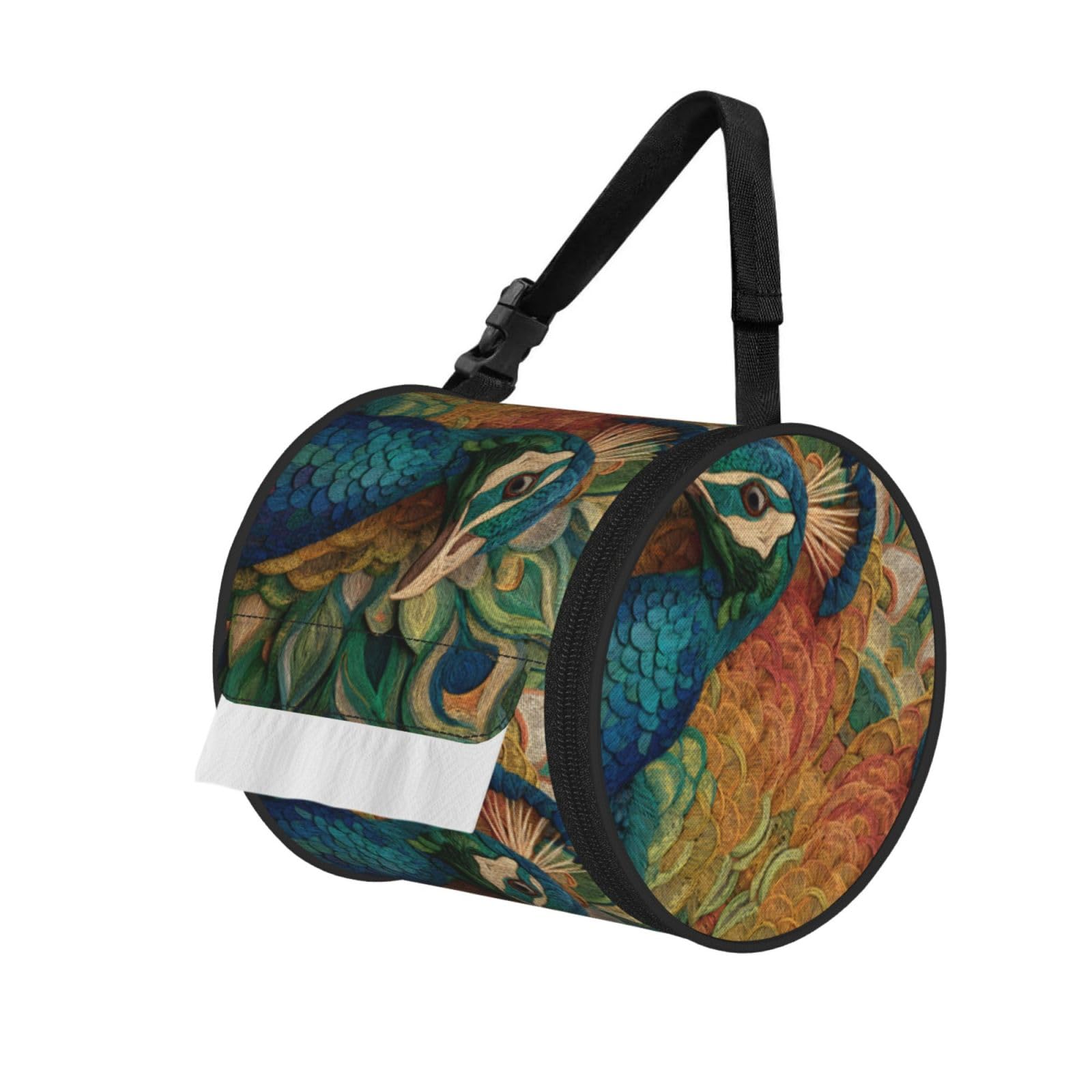 Beautiful Peacock Printed Cylindrical Tissue Bag Portable Oxford Cloth, Foldable Travel Tissue Holder With Zipper And Adjustable Belt