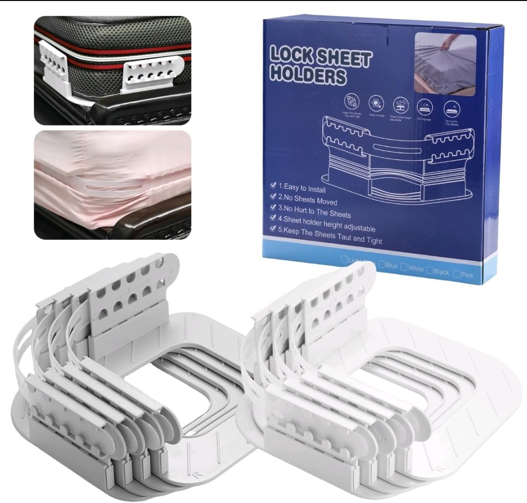 Bed Sheet Holders for Corners，Sheet Holders Foldable，Sheet Locks to Keep Bedding Tight and in Place, Fits Most Mattress Types，White (4-Piece Set)