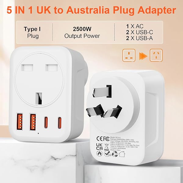 Omivine UK to Australia AU Plug Adapter, 5 in 1 Type I Travel Power Adapter Converter mit 1 AC & 2 USB-C & 2 USB-A(17W) for Australia, China, New Zealand, Argentina, Fiji, etc (Type I-White) - 2