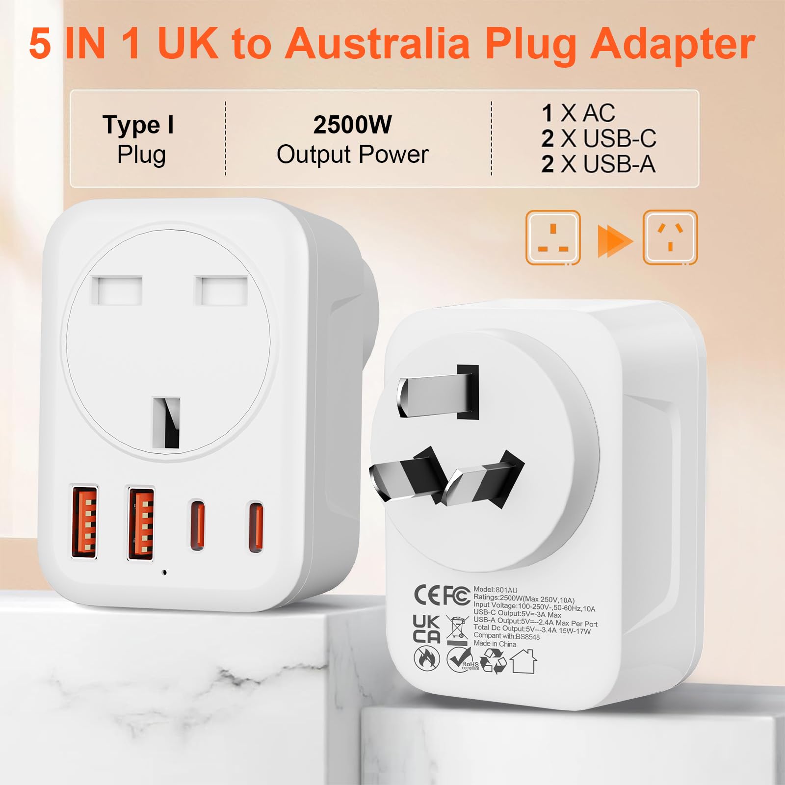 Omivine UK to Australia AU Plug Adapter, 5 in 1 Type I Travel Power Adapter Converter mit 1 AC & 2 USB-C & 2 USB-A(17W) for Australia, China, New Zealand, Argentina, Fiji, etc (Type I-White) — view 2