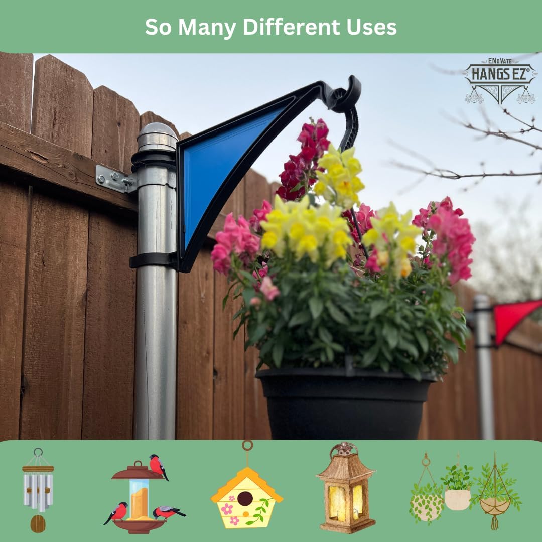 2 PCS Fence Post Hangers with Blue Solid Panel Inserts(Plant Hanger, Garden Hook) Fits 2 3/8" Diameter Posts