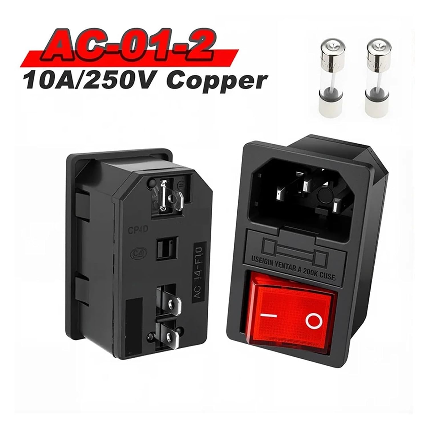 IEC320 C14 AC Socket 3 Pin Red LED 250V Rocker Switch 10A Fuse Female Male(C13 Female,20PCS)