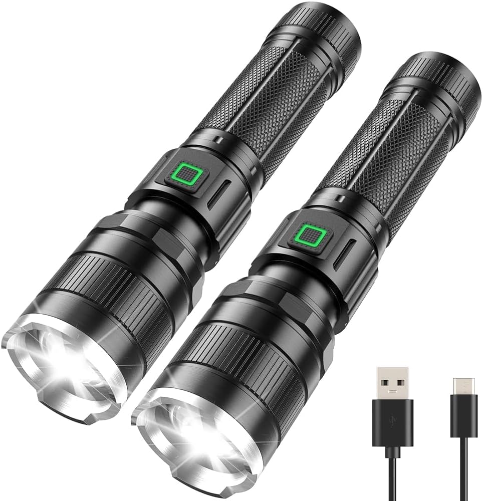 Rechargeable Tactical Flashlight 2000 Lumens 2 Pack, Brightest LED Rechargeable Flashlights with 3 Modes & Zoomable, Waterproof Flashlight for Tenting Climbing Emergency