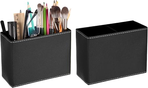 PATIKIL Leather Pen Holder for Desk, 2 Pcs Desk Organizer Small Remote Control H